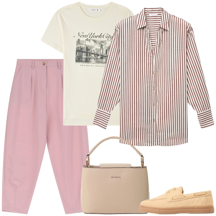 Outfit donna - La camicia come giacca. Stile Casual per Tutti i giorni. Abbinamento con mocassini, camicie, t-shirt, borse a secchiello, pantaloni.