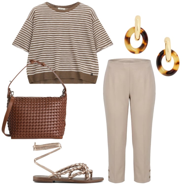 Outfit donna - Total look #2397185. Stile Minimal per Tutti i giorni. Abbinamento con borse a spalla, pantaloni, maglieria, orecchini, sandali in pelle.