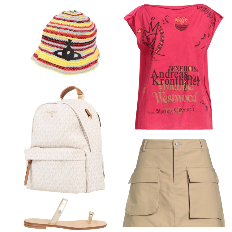 Outfit donna - Tour in spiaggia. Stile Casual per Tutti i giorni. Abbinamento con t-shirt, minigonne, zaini, ciabatte, cappelli.