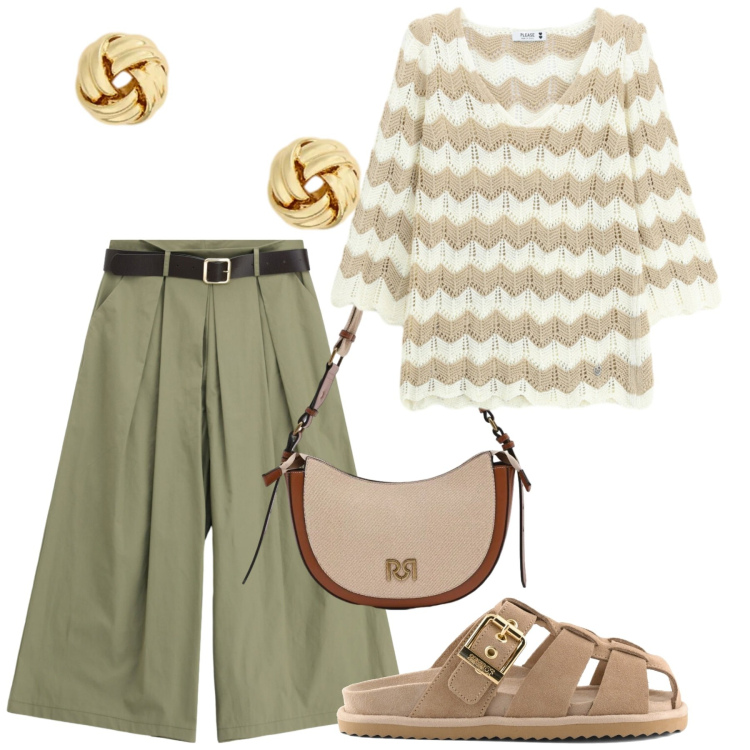 Outfit donna - Total look #2397187. Stile Etnico per Tutti i giorni. Abbinamento con maglieria, borse a tracolla, pantaloni a palazzo, orecchini, sandali.