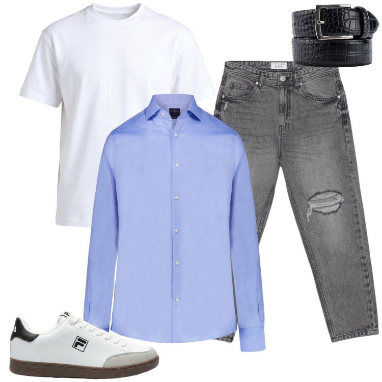 Outfit uomo - Total look #2397188. Stile Trendy per Ufficio. Abbinamento con sneakers, jeans strappati, t-shirt, camicie, cinture.