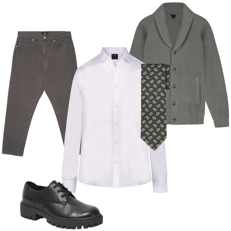 Outfit uomo - Total look #2397195. Stile Casual per Tutti i giorni. Abbinamento con pantaloni, scarpe stringate, camicie, cravatte, cardigans.