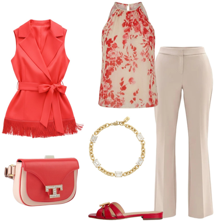 Outfit donna - Punto vita protagonista. Stile Chic per Serata fuori. Abbinamento con marsupi, gilet, canottiere, pantaloni, ciabatte, braccialetti.