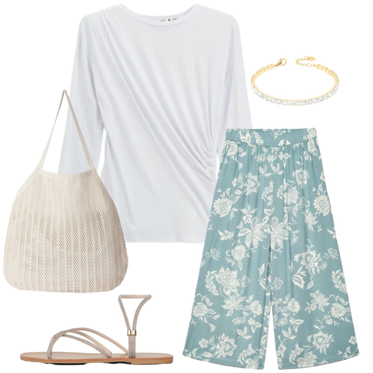 Outfit donna - Total look #2397198. Stile Casual chic per Tutti i giorni. Abbinamento con sandali, pantaloni a palazzo, shopping bag, top, braccialetti.