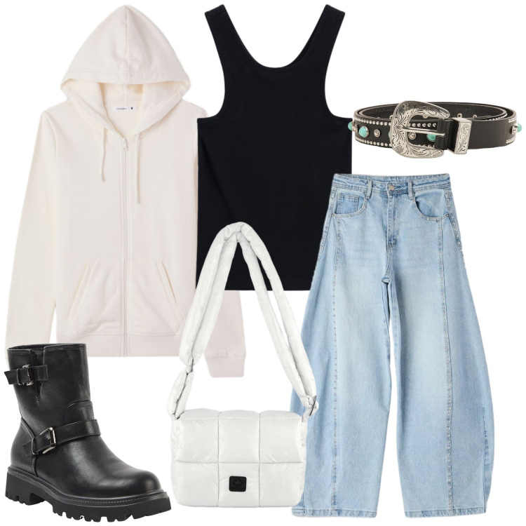 Outfit donna - Total look #2397199. Stile Casual chic per Tutti i giorni. Abbinamento con jeans, cinture, felpe con cappuccio, stivaletti, top, borse a spalla.