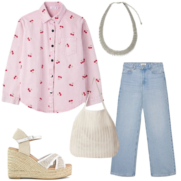 Outfit donna - Total look #2397202. Stile Casual chic per Tutti i giorni. Abbinamento con jeans, shopping bag, camicie, collane, zeppe.