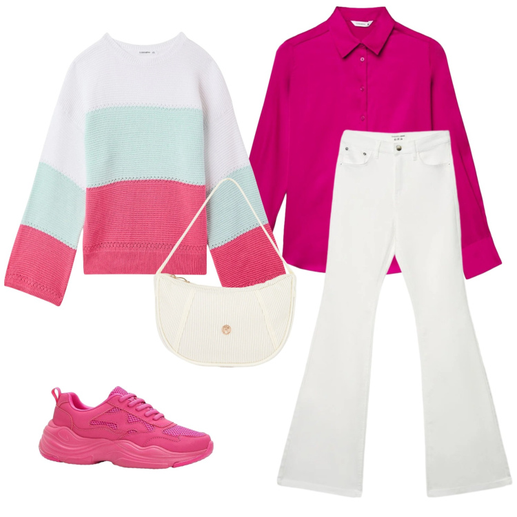 Outfit donna - Pink Energy: Casual Glow. Stile Casual chic per Tutti i giorni. Abbinamento con sneakers, camicie, maglieria, jeans a zampa, borse a mano.