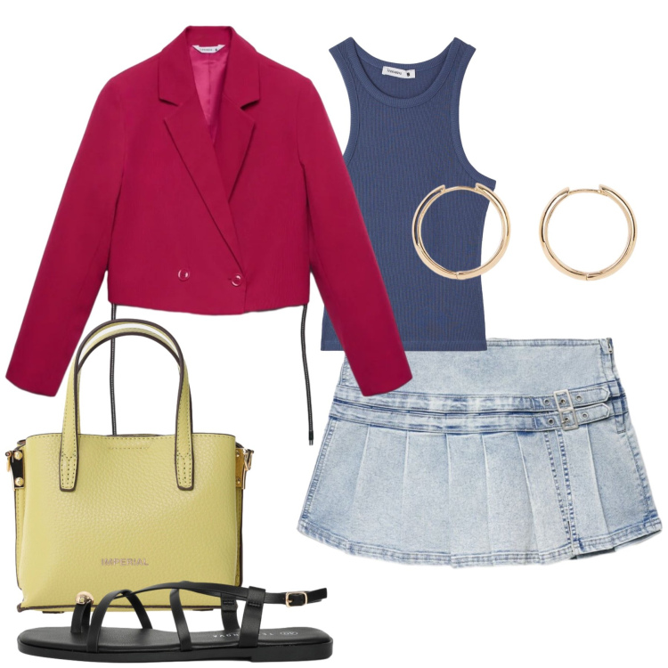Outfit donna - Total look #2397204. Stile Glamour per Tutti i giorni. Abbinamento con orecchini, blazer, canottiere, gonne, sandali, borse a tracolla.