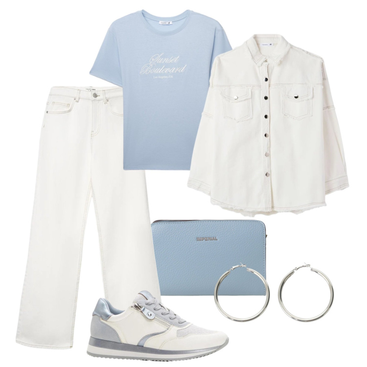 Outfit donna - Denim bianco. Stile Urban per Tutti i giorni. Abbinamento con sneakers, jeans, t-shirt, cappotti, borse a tracolla, orecchini.