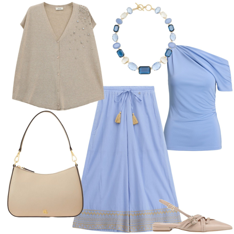 Outfit donna - Punto vita protagonista. Stile Etnico per Serata fuori. Abbinamento con ballerine, pantaloni a palazzo, gilet, collane, borse a spalla, top.