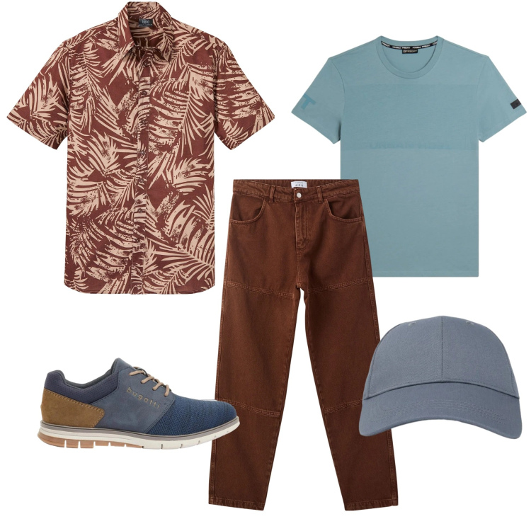 Outfit uomo - Urban Safari: Comfort & Style. Stile Urban per Tutti i giorni. Abbinamento con scarpe stringate, camicie a manica corta, cappelli con visiera, pantaloni, t-shirt.