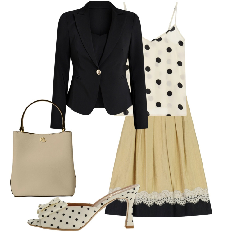 Outfit donna - Cerimonia informale a pois. Stile Vintage retrò per Cerimonia. Abbinamento con blazer, gonne longuette, sandali col tacco, top, borse a secchiello.