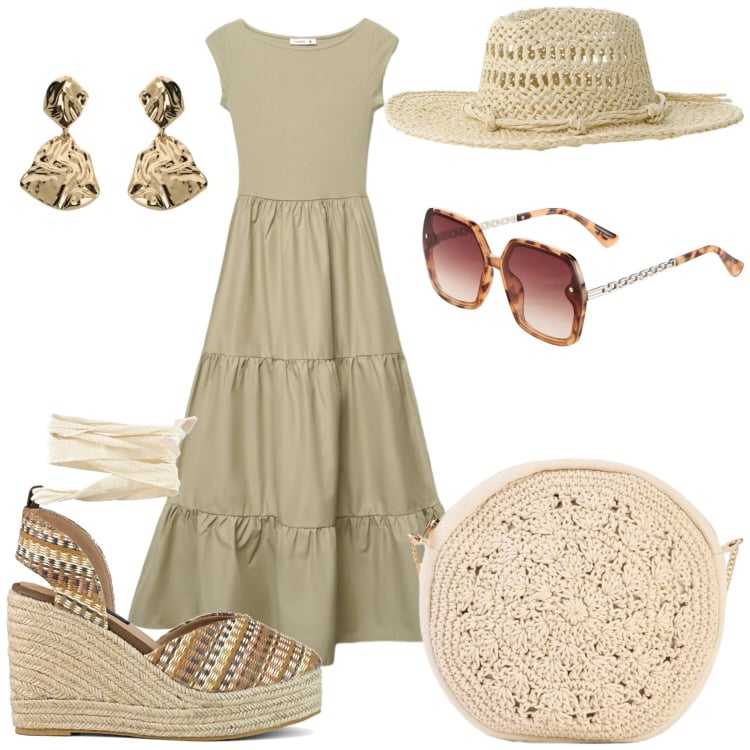 Outfit donna - Stile campagnola. Stile Trendy per Tutti i giorni. Abbinamento con occhiali da sole, borse a tracolla, vestiti lunghi, cappelli, orecchini, zeppe.