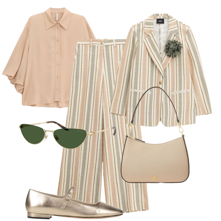Outfit donna - Fresco completo Dixie. Stile Casual chic per Tutti i giorni. Abbinamento con ballerine, camicie, blazer, pantaloni a palazzo, borse a spalla, occhiali da sole.