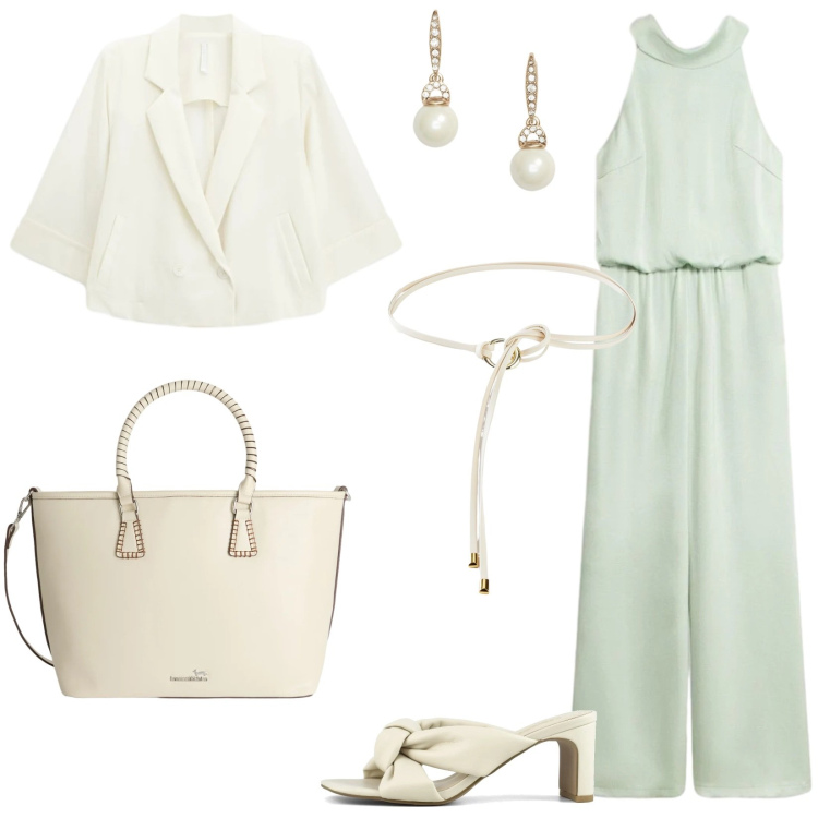 Outfit donna - Punto vita protagonista. Stile Chic per Serata fuori. Abbinamento con tute, cinture, shopping bag, blazer, orecchini, sandali col tacco.