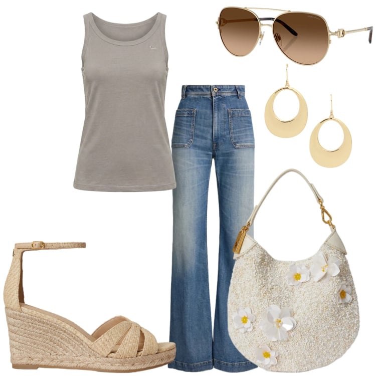 Outfit donna - Libertà in città. Stile Trendy per Tutti i giorni. Abbinamento con canottiere, occhiali da sole, pochette, orecchini, espadrillas, jeans bootcut.