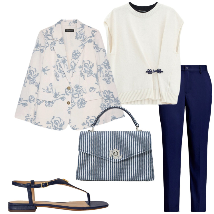 Outfit donna - Total look #2397223. Stile Chic per Serata fuori. Abbinamento con top, blazer, pantaloni, sandali in pelle, borse a mano.
