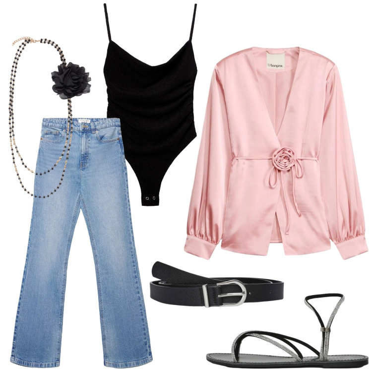 Outfit donna - Total look #2397224. Stile Romantica per Serata fuori. Abbinamento con blazer, sandali, cinture, body, jeans bootcut, collane.