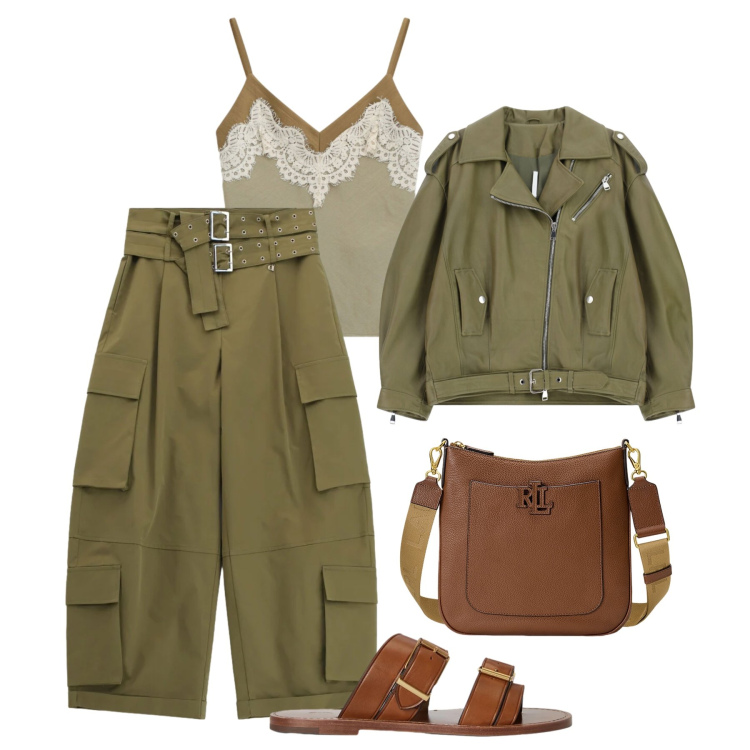 Outfit donna - Giornata metropolitana. Stile Urban per Tutti i giorni. Abbinamento con giacche, pantaloni cargo, top, borse a tracolla, sandali in pelle.