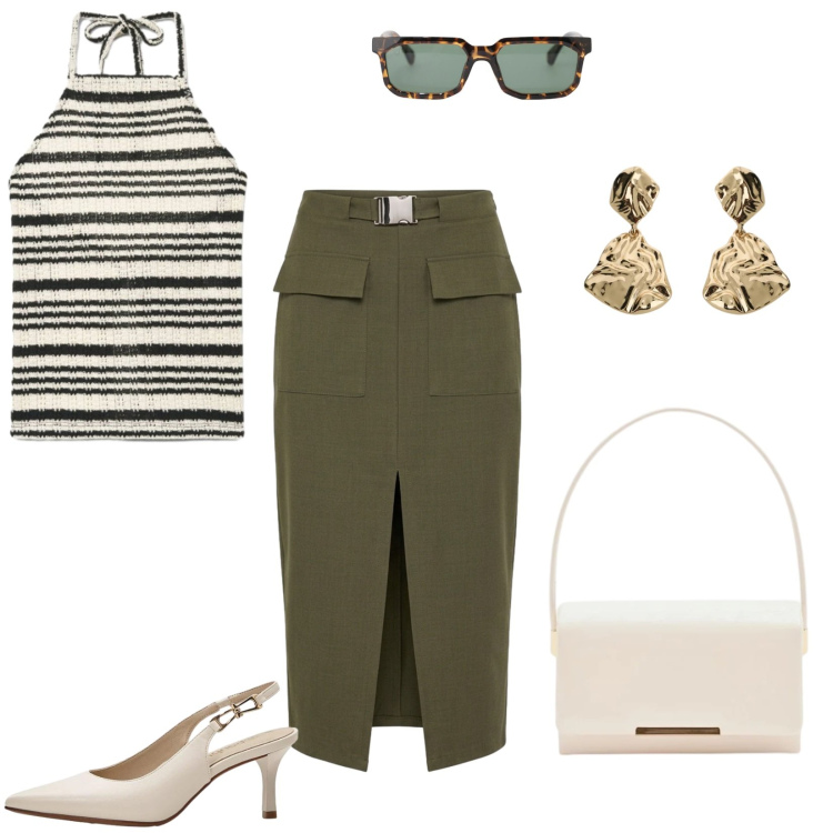 Outfit donna - Punto vita protagonista. Stile Trendy per Serata fuori. Abbinamento con décolleté, gonne longuette, canottiere, occhiali da sole, pochette, orecchini.
