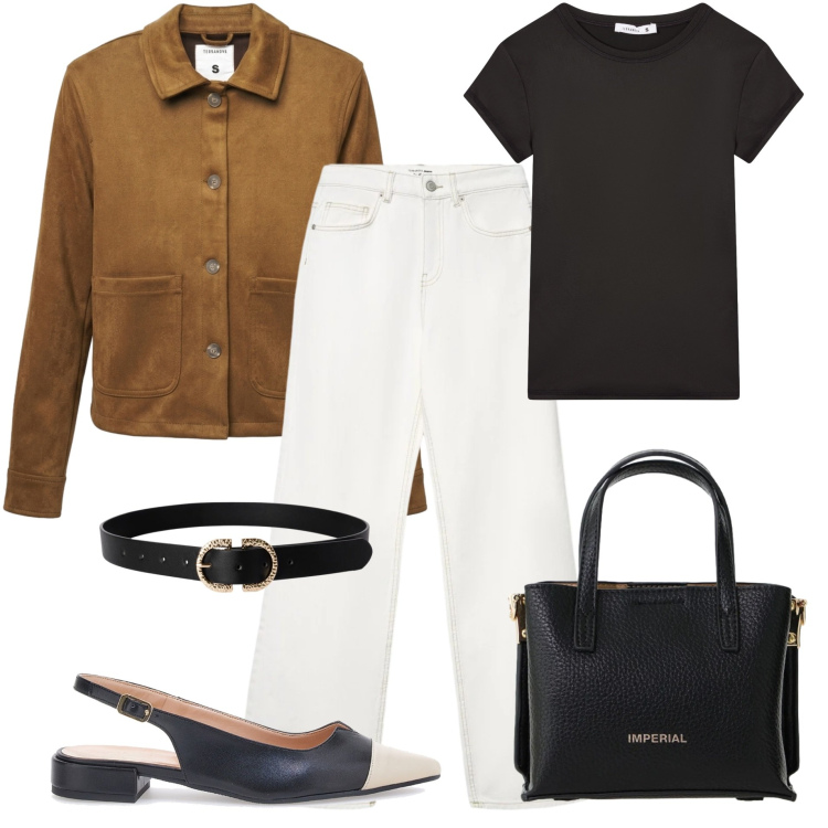 Outfit donna - In ufficio in primavera. Stile Minimal per Tutti i giorni. Abbinamento con cinture, jeans, cappotti, t-shirt, borse a tracolla, ballerine.