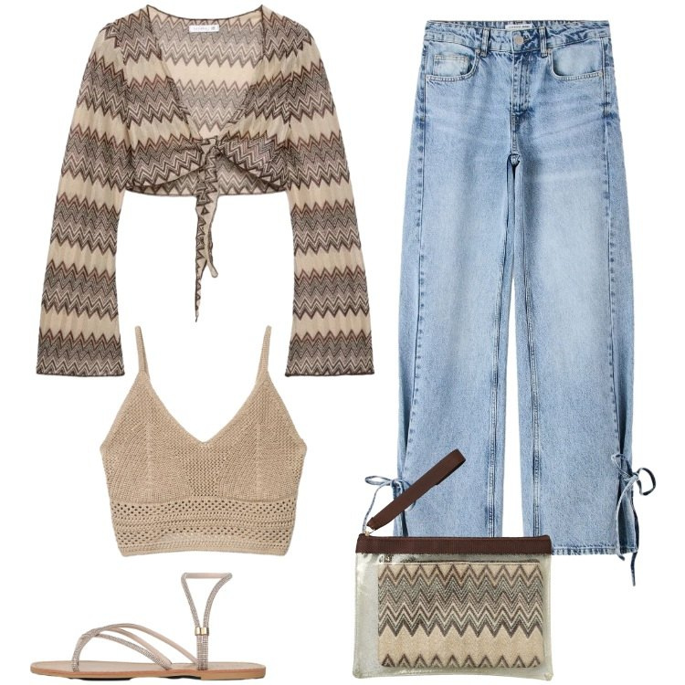 Outfit donna - Total look #2397232. Stile Boho per Mare. Abbinamento con top, sandali, jeans, pochette, blazer.