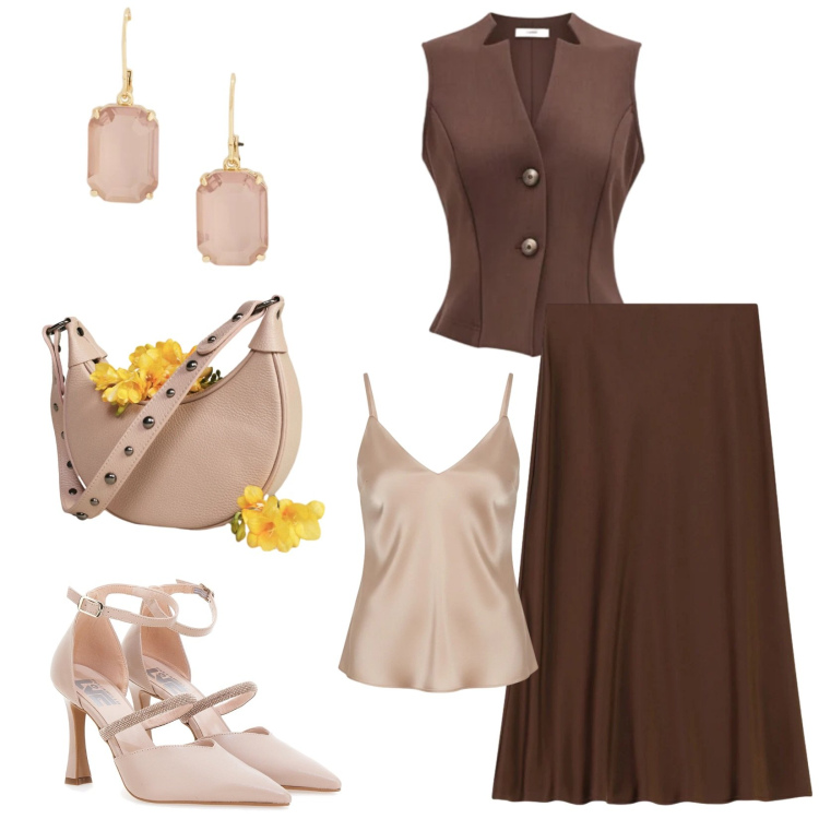 Outfit donna - Total look #2397233. Stile Chic per Serata fuori. Abbinamento con gonne longuette, gilet, top, borse a spalla, orecchini, décolleté.