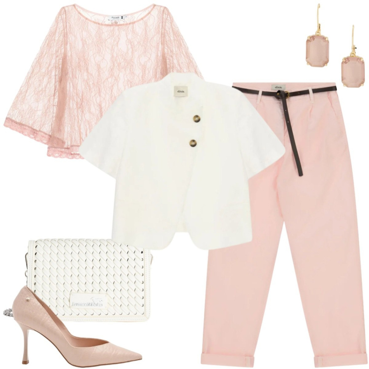 Outfit donna - Maggio in rosa. Stile Casual chic per Serata fuori. Abbinamento con borse a tracolla, top, décolleté, blazer, pantaloni, orecchini.