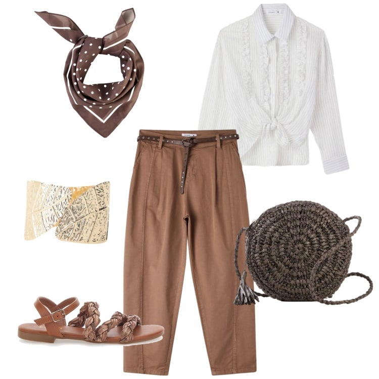 Outfit donna - 🤎 Armocromia: autunno. Stile Boho per Tutti i giorni. Abbinamento con borse a tracolla, foulard, camicie, pantaloni, braccialetti, sandali.