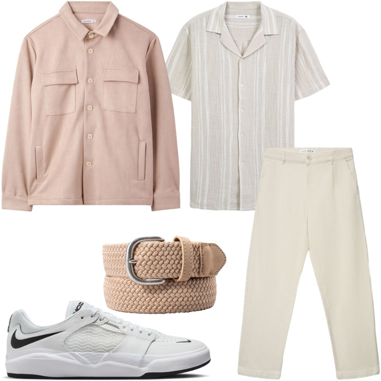 Outfit uomo - Stile libero. Stile Casual per Tutti i giorni. Abbinamento con pantaloni chino, cappotti, camicie a manica corta, cinture, sneakers.