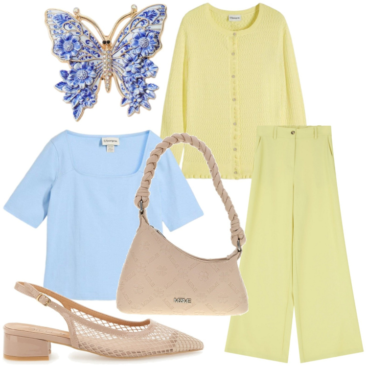 Outfit donna - Farfalla azzurra. Stile Casual per Ufficio. Abbinamento con cardigans, t-shirt, pantaloni a palazzo, blazer, décolleté, borse a spalla.