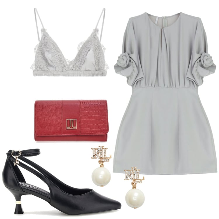 Outfit donna - Minimal chic. Stile Chic per Cerimonia. Abbinamento con vestiti corti, reggiseni, orecchini, décolleté, portafogli.