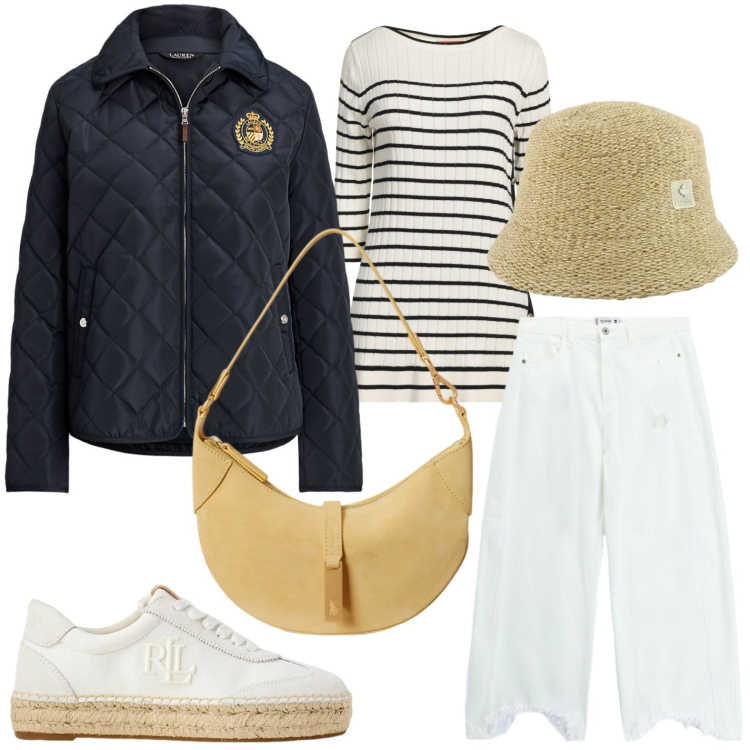 Outfit donna - Giornata al mare. Stile Glamour per Tutti i giorni. Abbinamento con pullovers, pantaloni a palazzo, cappelli, sneakers, giacche, borse a spalla.