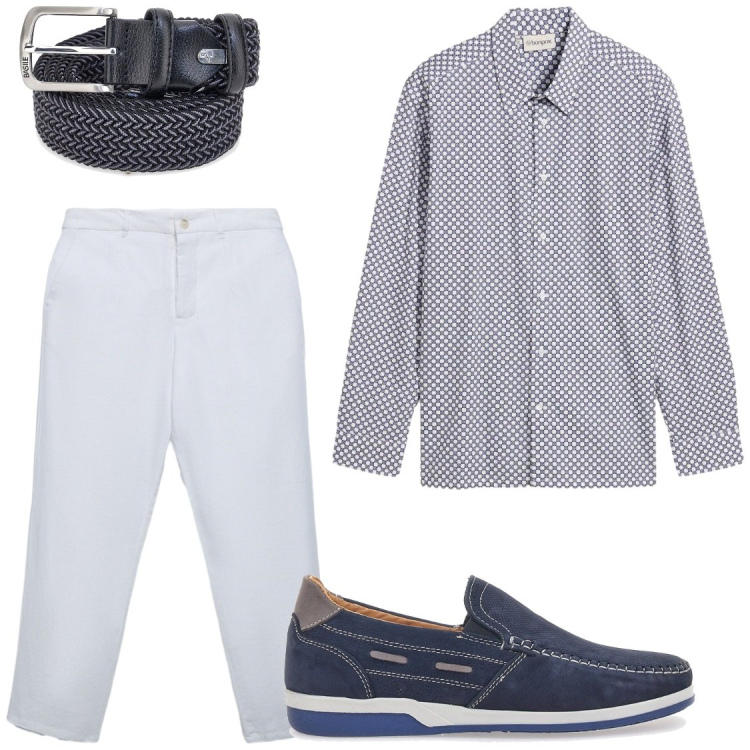 Outfit uomo - GeometricSpringNight#SerateMiti. Stile Casual per Serata speciale. Abbinamento con camicie, pantaloni chino, cinture, scarpe stringate.