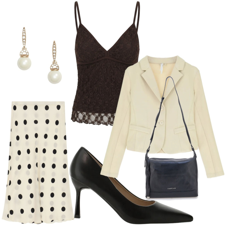 Outfit donna - Pois chic. Stile Chic per Serata fuori. Abbinamento con blazer, décolleté, canottiere, gonne longuette, orecchini, borse a tracolla.
