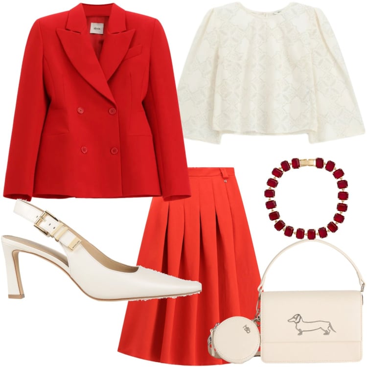Outfit donna - Combo perfetta. Stile Bon Ton per Cerimonia. Abbinamento con décolleté, borse a tracolla, blazer, gonne longuette, top, braccialetti.