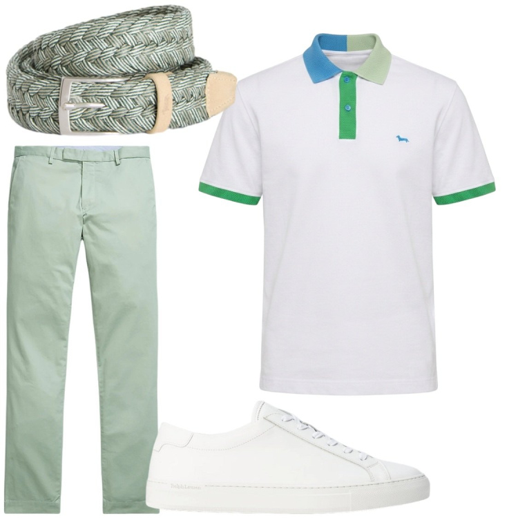 Outfit uomo - Polo bianca ma non troppo #polo. Stile Trendy per Tutti i giorni. Abbinamento con cinture, polo, sneakers, pantaloni.