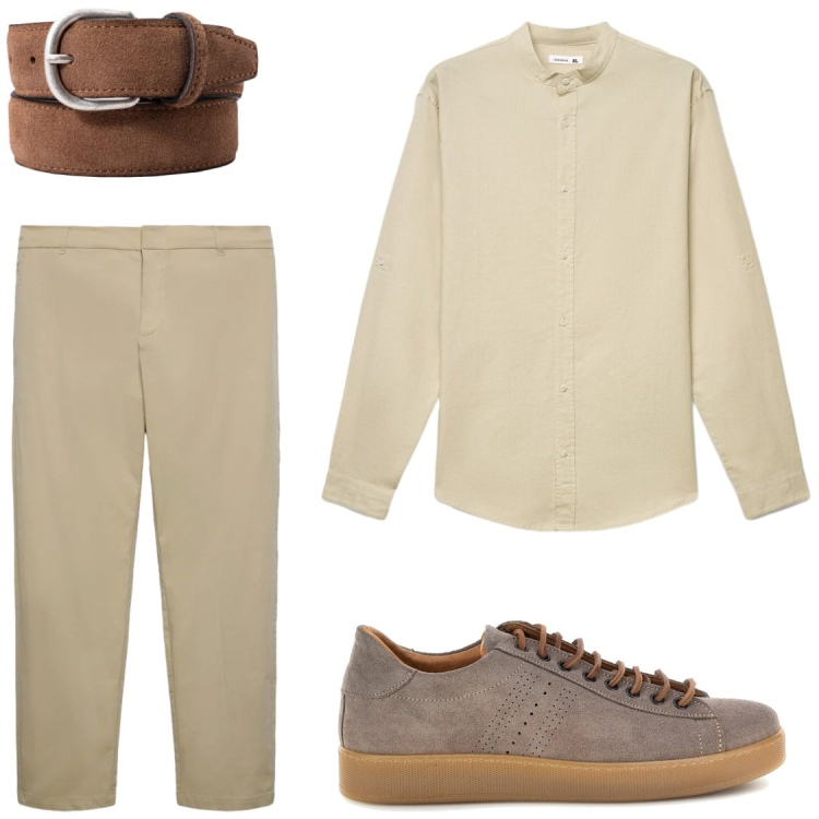 Outfit uomo - Natural Earth Essence#Ufficio. Stile Trendy per Ufficio. Abbinamento con camicie, pantaloni chino, cinture, sneakers.