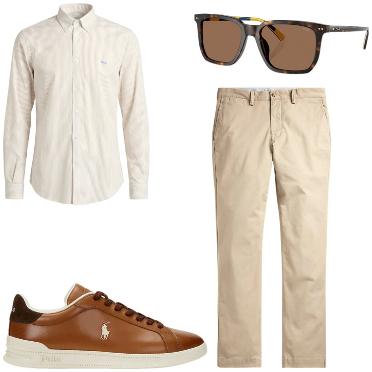 Outfit uomo - Natural Earth Essence#ufficio. Stile Business/Elegante per Ufficio. Abbinamento con camicie, pantaloni, sneakers, occhiali da sole.