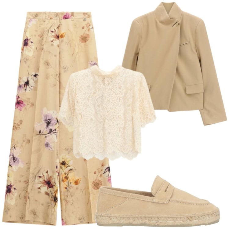 Outfit donna - HourAperitivo#serateSpring#. Stile Casual chic per Serata fuori. Abbinamento con mocassini, top, pantaloni a palazzo, blazer.