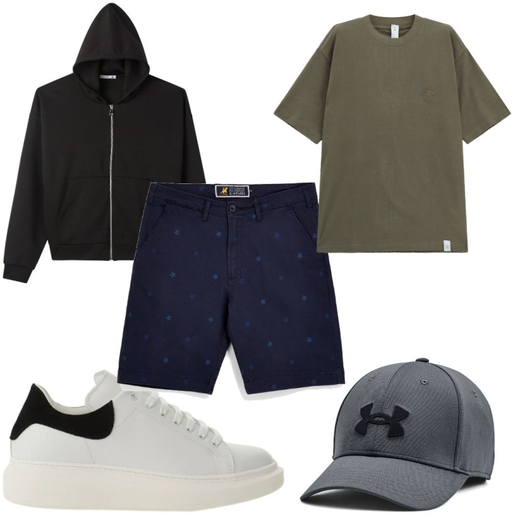 Outfit uomo - Total look #2397341. Stile Casual per Tutti i giorni. Abbinamento con felpe con cappuccio, sneakers, t-shirt, cappelli, bermuda.