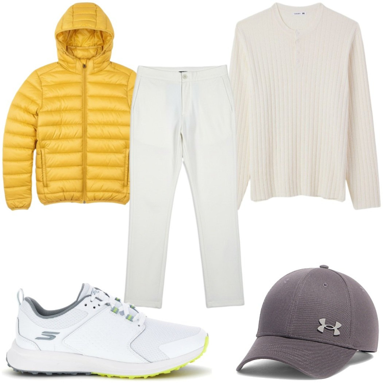 Outfit uomo - Total look #2397344. Stile Trendy per Tutti i giorni. Abbinamento con maglieria, pantaloni, bomber, cappelli con visiera, sneakers.