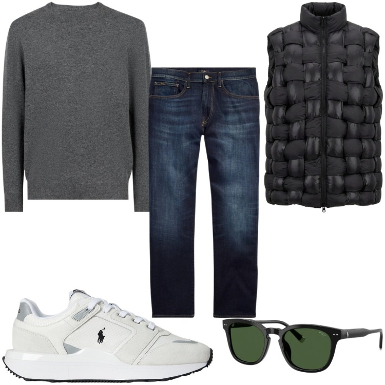 Outfit uomo - Total look #2397349. Stile Casual per Tutti i giorni. Abbinamento con maglieria, jeans dritti, sneakers, occhiali da sole, gilet.