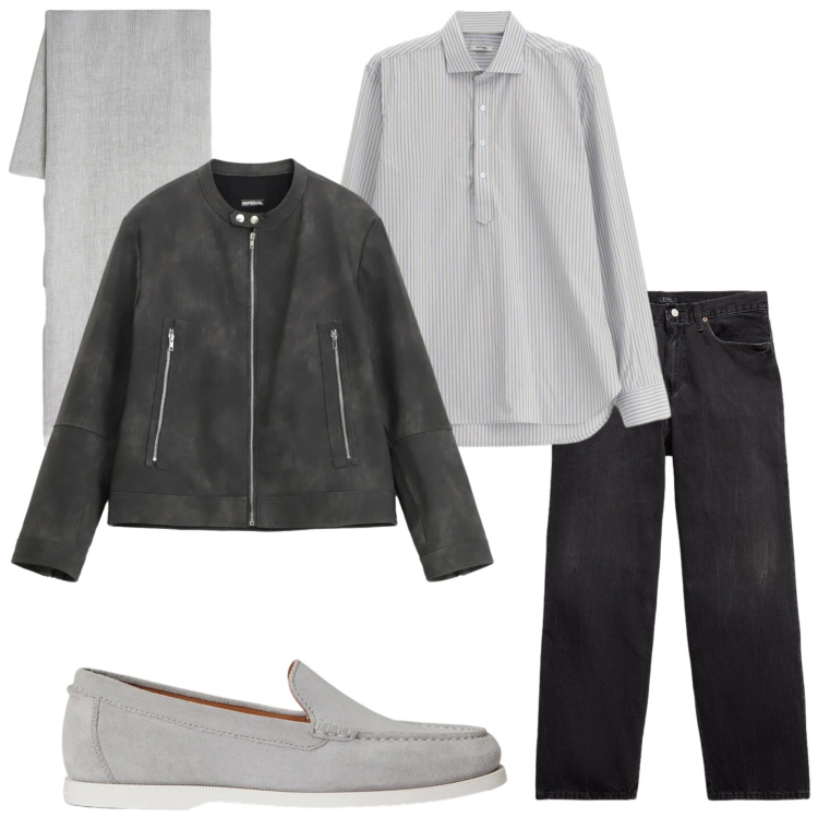 Outfit uomo - Serata primaverile. Stile Urban per Tutti i giorni. Abbinamento con giacche, camicie, sciarpe, jeans, scarpe stringate.