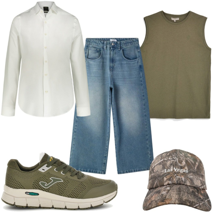 Outfit uomo - Total look #2397353. Stile Trendy per Tutti i giorni. Abbinamento con cappelli con visiera, jeans, camicie, sneakers, canottiere.