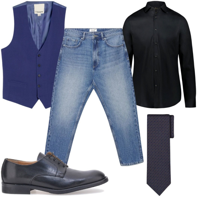 Outfit uomo - Total look #2397354. Stile Casual per Ufficio. Abbinamento con gilet, jeans, camicie, cravatte, scarpe stringate.