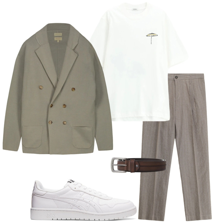 Outfit uomo - Serata primaverile. Stile Urban per Tutti i giorni. Abbinamento con pantaloni, cinture, t-shirt, cardigans, sneakers.
