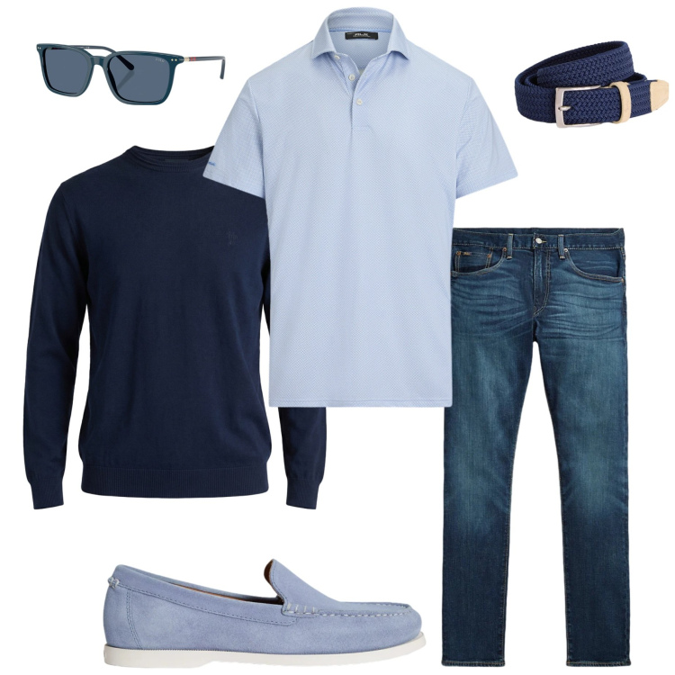 Outfit uomo - Polo protagonista. Stile Casual per Ufficio. Abbinamento con cinture, maglieria, occhiali da sole, jeans, scarpe stringate, polo.
