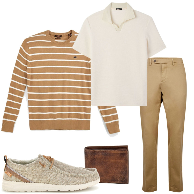 Outfit uomo - Polo protagonista. Stile Urban per Tutti i giorni. Abbinamento con polo, pantaloni chino, pullovers, scarpe stringate, portafogli.