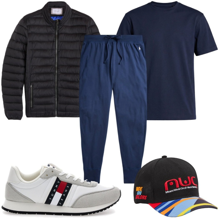 Outfit uomo - Total look #2397365. Stile Trendy per Sport. Abbinamento con cappelli, t-shirt, piumini, pantaloni, sneakers.